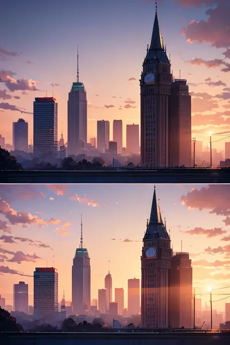 ( top quality,4K,8k, high definition ,  Masterpiece  :1.2), Ultra Details ,( realistic ,photo realistic ,photo- realistic :1.37), Last Sunset Before Departure ,  Winter Sky at Sunset  ,owl，Gentle colors, Pink Orange ,green,mist, Trees and Buildings  ,Peace...