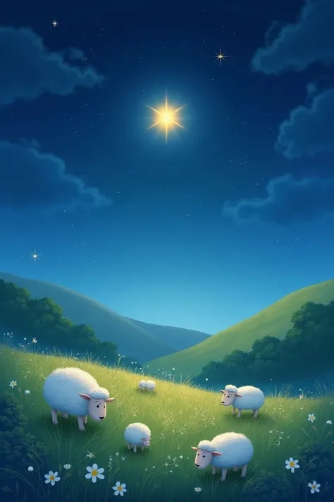 A clear and beautiful night with a shining star on a meadow with sheep 