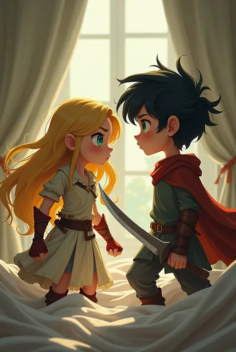 Boy and girl warrior girls sheets long blond hair blue eyes boy black hair eyes green 