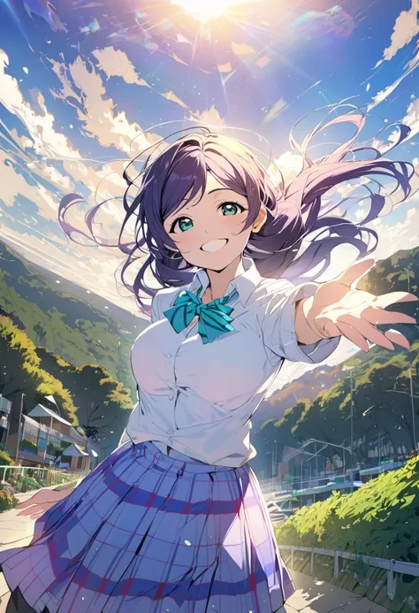 1girl, toujou nozomi, love live!, otonokizaka school uniform, smile, beckoning, beautiful scape