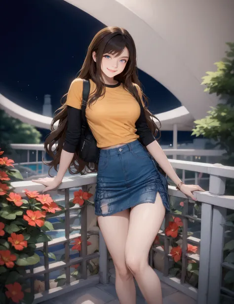 pretty woman, smiling with teeth, standing posed, leaning against railing, park, colorful flowers, (+swept-side bang, long wavy hair, black hair, brown streaked hair, chestnut-brown ombre, 2 colored hair), wear 3/4 sleeves t-shirt (+orange t-shirt, black t...