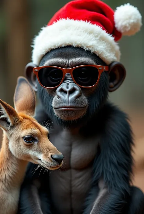 A young gorilla wearing a Christmas hat with dark glasses and a kangaroo on 
Only half a body