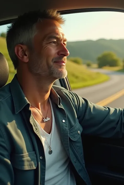 A husband in the front of the car and wearing a necklace that named Lablab