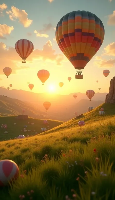 grassland、Sunset、Lots of balloons 、 live action, please be realistic