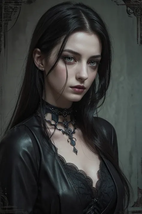 An extremely detailed digital painting of an enigmatic young woman in her late teens portrayed by a young anne hathaway with pale skin black hair and violet eyes wearing gothic clothing and gothic makeup with a theme somewhere between a Raider from Fallout...