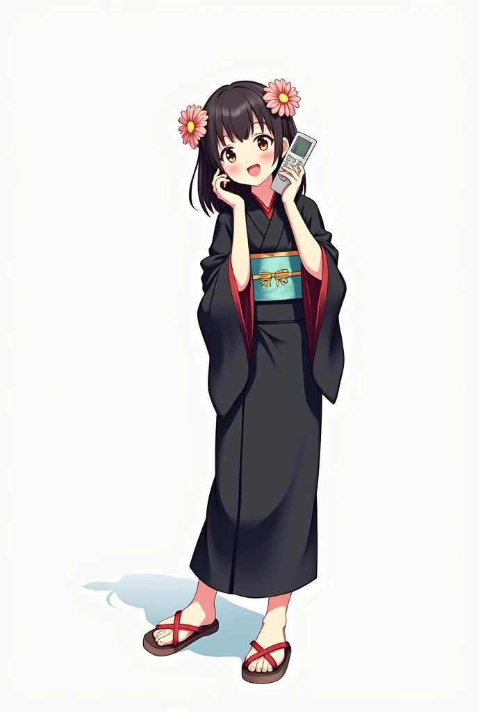 Anime teen girl with black yukata and with flowers and getas standing on her forehead and full body And white background and with a television remote with an expression of joy and nervousness and happiness and the control attached tightly to the cheek of h...