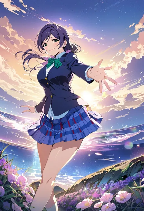 1girl, toujou nozomi, love live!, otonokizaka school uniform, smile, beckoning, beautiful scape