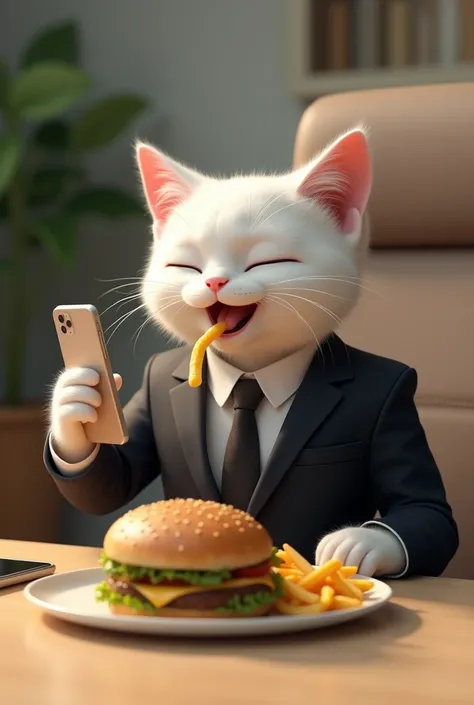 A white cat wearing a black suit and tie, holding a phone, seated at a light brown office table in a , eating french fries and a burger, in a photorealistic style, with a focus on the food and cat details, and accurate lighting and shadows.and mouth is ope...