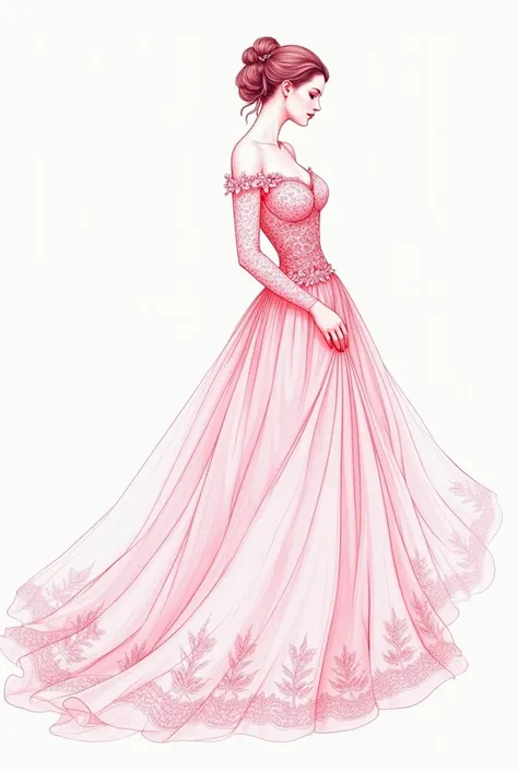 Draw a woman in a wedding dress with a pink brush only as a line
engraved painting