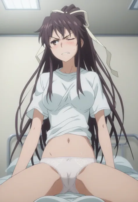 sauce_anime, ambient light,
fsn_ubw_style,  anime screencap, anime coloring, official style, ,, kaori kanzaki, solo, long hair, brown eyes, wince, 
(T shirt),  ribbon, ,,  ponytail, , very long hair, , (lace white panties),, , navel,
indoor, hospital , bed...