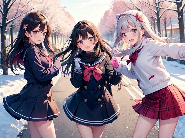 three girls
winter city　
daytime　
stroll　
tree-lined avenue　
Beautiful face, beautiful hands, beautiful legs, a body that doesnt feel out of place　
beautiful image　looking at camera　beautiful expression　cinematic angle　best image quality　
I can see cute un...