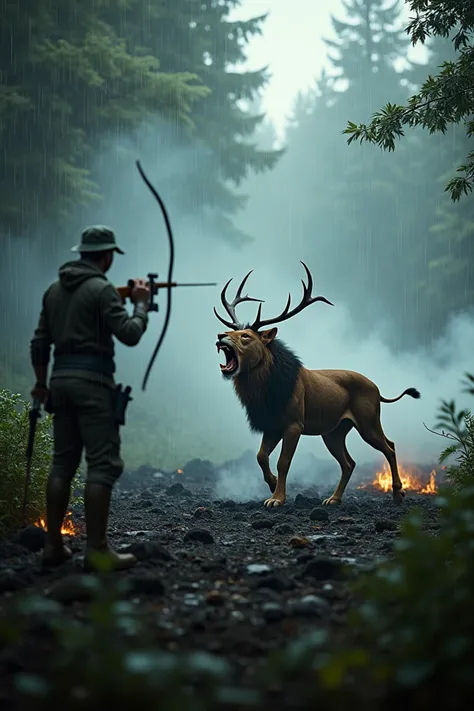 A cinematic 4K image of the forest fire dying down, with the rain extinguishing the flames. In the foreground, the hunter’s arrow misses the deer and strikes the lion, causing it to roar in pain. The background shows the rain-soaked forest, with steam risi...