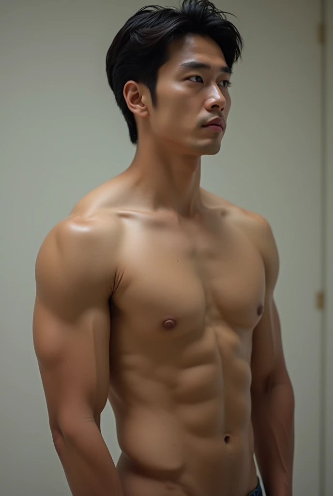 handsome Japanese guy, well-muscled, Upper body naked, wearing nothing, completely naked, 4K, hight resolution, smooth skin, finely detailed skin, TA-Q-BIN, bulge
