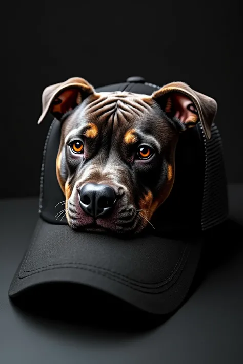 

" Design a black trucker cap with mesh panels on the back. on the front,  add a detailed embroidery of the head of a pitbull ,  highlighting its facial features and the muscles of the face . The design should be bold and striking ,  with a dark backgroun...