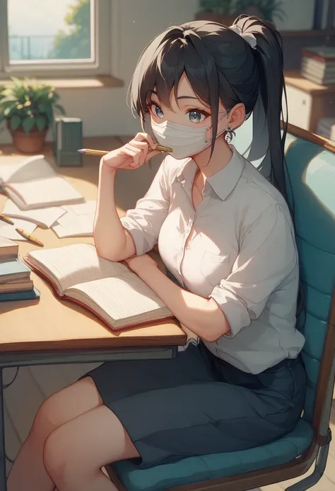  high image quality、8k、 black hair、 ponytail、Studying、 girl、 cute、 mechanical pencil sitting in the den、 White Mask 