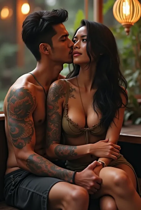 Handsome Indonesian man sitting with beautiful woman with dragon tattoo 