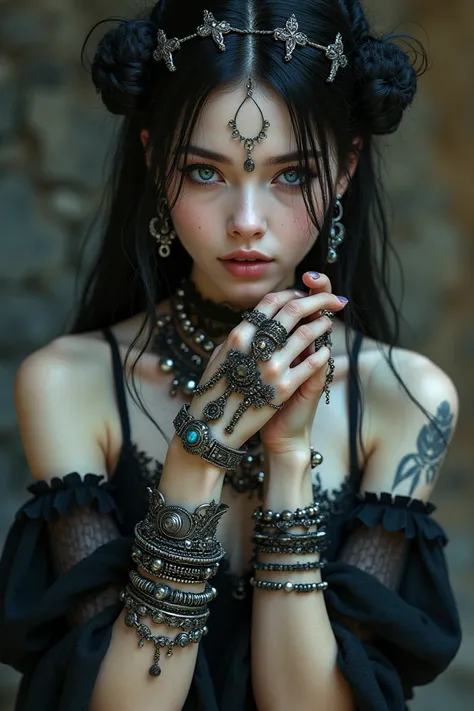 Beautiful gothic young woman only wearing lots and lots of bracelets on both of her wrists and wearing lots of piercings + wearing lots of rings and  and necklaces and anklets, beautiful pale skin, dark blue eyes,