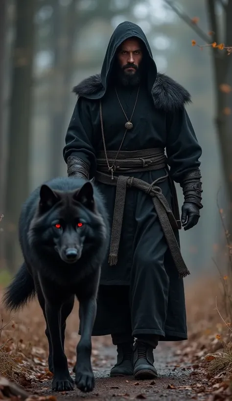 super detailed image, full body image of a monk warrior man, dressed in black, his face is hidden in the shadow, an eye of light peeks out of his face, he walks looking straight ahead, at his side walks a majestic black wolf , the wolf has its red eyes, it...