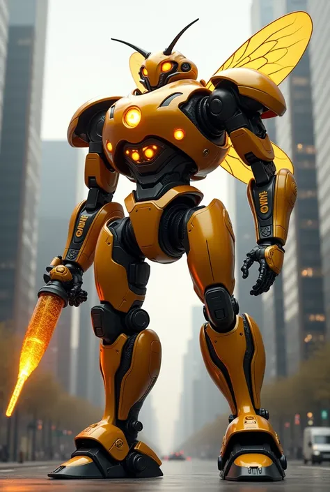 Create a 4K-quality 3D illustration of a giant humanoid robot modeled after a honeybee. The robots design draws heavily from the biological structure of a honeybee, with a massive, rounded abdomen that serves as its most distinctive feature. Its metallic b...