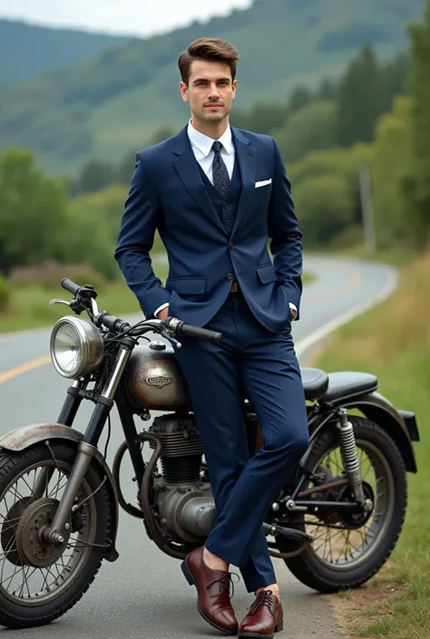 Real 4k photo of a young man dressed in a dark blue suit ,  coffee shoes, leaning on an old model motorcycle , On the edge of a road