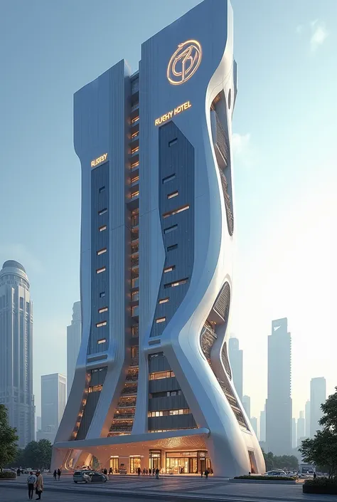 Created a Futuristic Luxury Building, glossy architecture, Futuristic variation tower, with the logo RUSDHY HOTEL, Daytime,