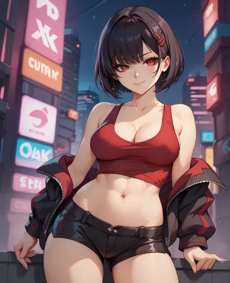 Sexy anime girl, age 17, black short hair, red eyes, no bra, red mechanical tank top, black mechanical shorts, cleavage, medium breasts, medium thighs, belly open, belly button high on belly, perfect shapely body, seductive pose, smirking, in a futuristic ...