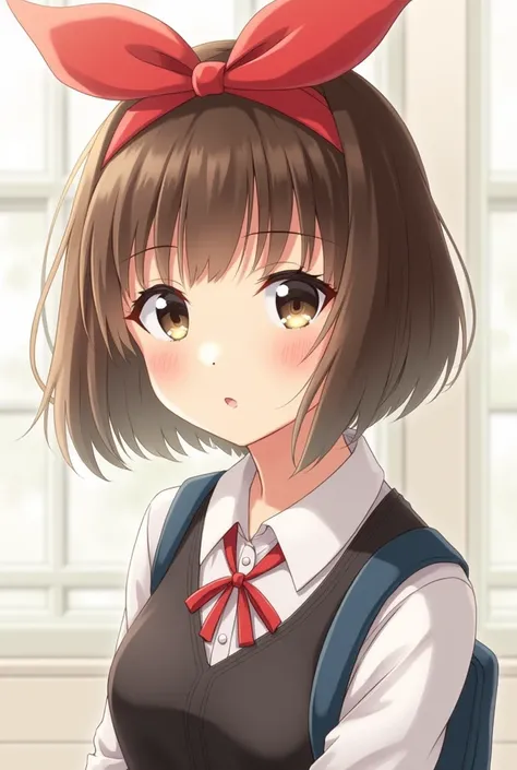 Japanese woman with short brown hair and a red ribbon on her head and with student clothes