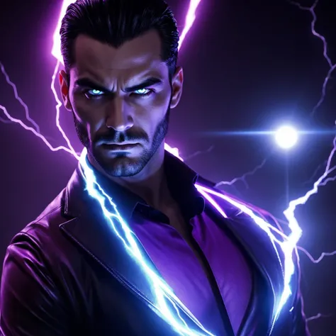 Villainous man with slicked-back, black hair and glowing purple eyes