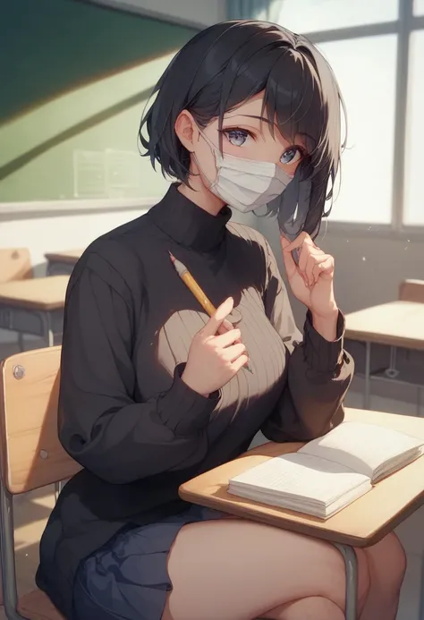  high image quality、8k、 black hair、Studying、 girl、 cute、 mechanical pencil sitting in the den、 White Mask 、uniform、 is short、 black sweater 、classroom、Window side