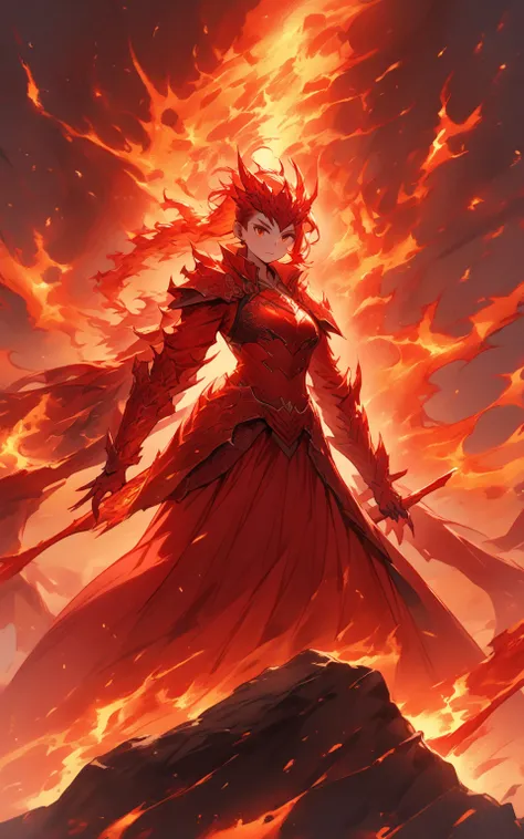 Scarlet Blaze, Warrior of Flames
Prompt:
"A fierce female warrior clad in red armor stands atop a volcanic peak. She wields a massive sword engulfed in flames, and the fiery aura forms the shape of a dragon around her. Her short, fiery hair flows with the ...