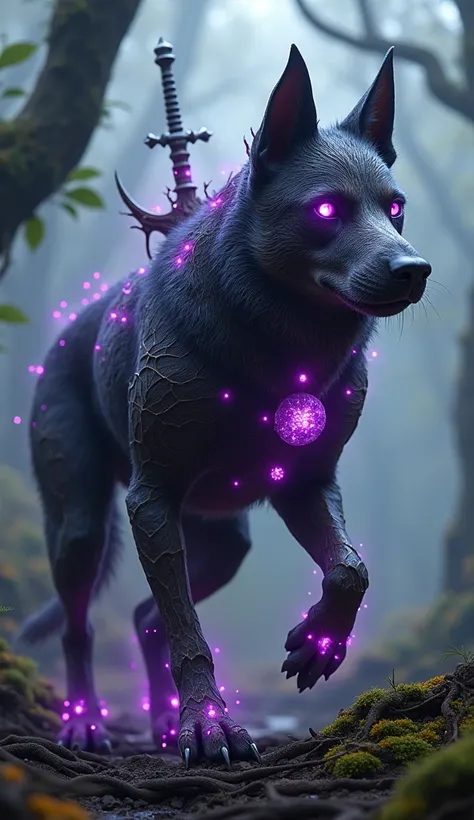 "Create 32k ultra-realistic image of a dangerous, mutated hybrid fusion of Dog, Acai Berry, and Excalibur. This evolution showcases a fierce creature with canine features, dark purple acai berry essence, and a glowing Excalibur sword embedded in its back. ...