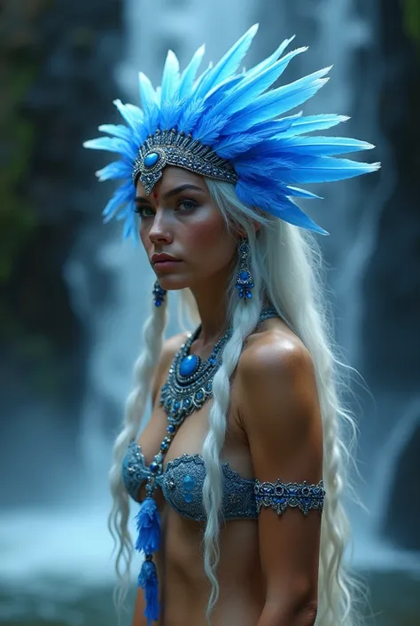  photorealistic , fantasy,  naked woman,  cute american girl , nice ass,  slender legs ,  long flowing white hair,  glowing blue feathers ,  tribal headdress ,  intricate blue and silver jewelry, crystal on the neck , facial glitter ,  bare shoulders ,  st...