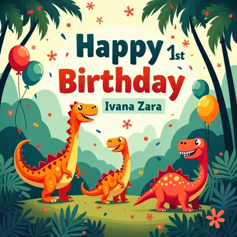 A colourful poster with the wordings  Happy 1st birthday  Ivana Zara  , with dinosaurs theme