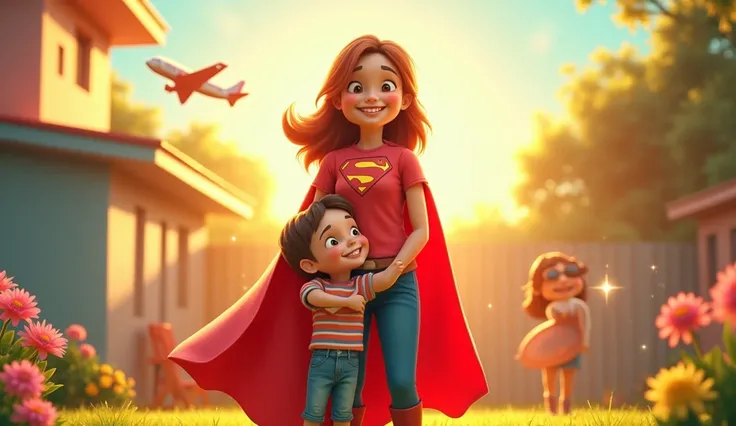 "A heartwarming Ultra HD cinematic 4K illustration of a cheerful mom wearing a superhero cape, standing tall in a colorful backyard with ren hugging her legs. The sky is bright and sunny, with soft rays of light highlighting her radiant smile. Around her, ...