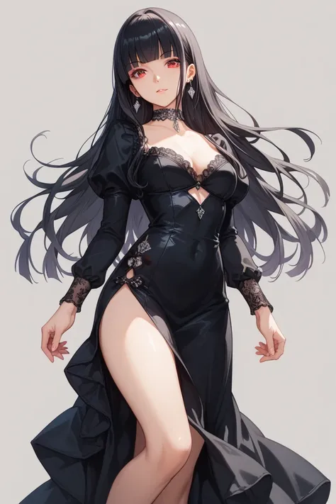 {{sukoya kana}}, black hair, long hair, hime cut, red eyes, silver earrings, choker, black dress, long sleeves, high heels, , simple background, grey background, , 1girl, solo, , cowboy shot, from front, facing front, looking at viewer, straight-on, , year...