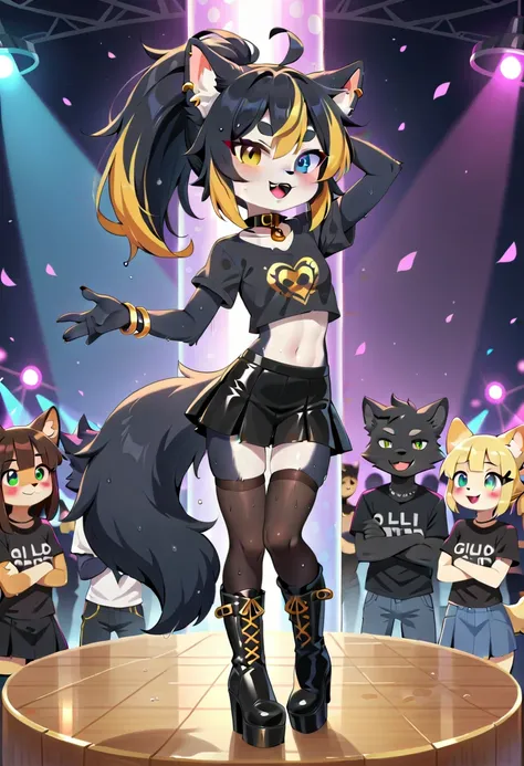 (Loli Black wolf girl, anthro, fur tufts, fluffy fur, furry, flat chest, chest fur, black fur, heterochromia, multicolored hair, ponytail, piercing, makeup, black lipstick, gold tattoo, gold jewelry, black collar, black T-shirt, black skirt, black stocking...