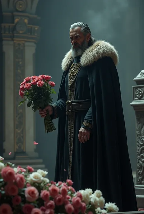 A very clear HD dynamic image of   
The king, dressed in royal mourning attire, standing before the princess’s ornate tomb adorned with flowers. His face reflects deep sorrow, with his hand reaching to place fresh roses.