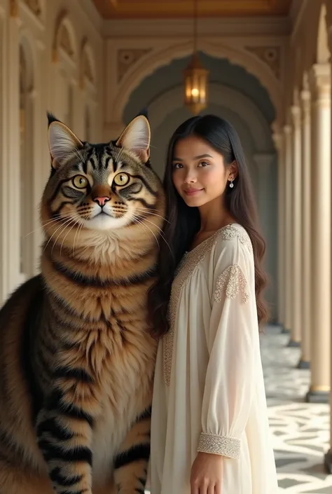 A woman wearing a long-sleeved white pakistani blue dress and a beaded long shirt her hair is straight as her body is full but not fat looks beautiful gracefully standing up straight smiling beside her there is a black brown tabby maincone cat with thick f...