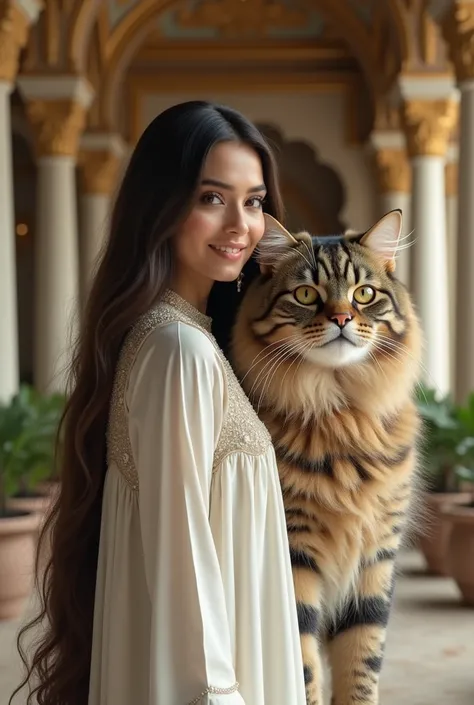 A woman wearing a long-sleeved white pakistani blue dress and a beaded long shirt her hair is straight as her body is full but not fat looks beautiful gracefully standing up straight smiling beside her there is a black brown tabby maincone cat with thick f...