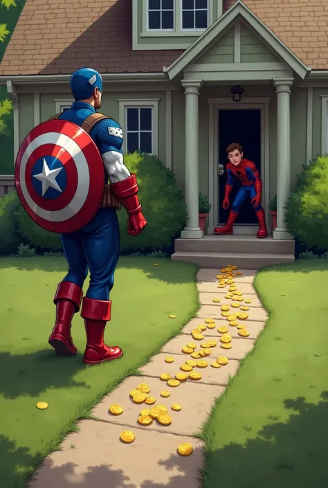 Captain America throws  shiny coins in a line in front of Ben the son of spiderman to guide him to come out of the home .while captain America is hiding behind something like wall or a tree to nap ben.
Captain America, his shield strapped to his back, stea...