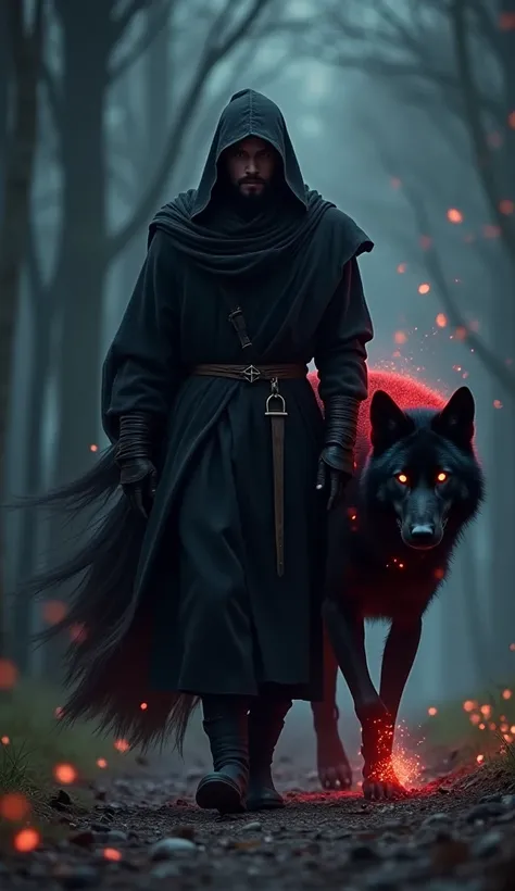 super detailed image, full body image of a monk warrior man, dressed in black, his face is hidden in the shadow, an eye of light peeks out of his face, he walks looking straight ahead, at his side walks a majestic black wolf , the wolf has its red eyes, it...