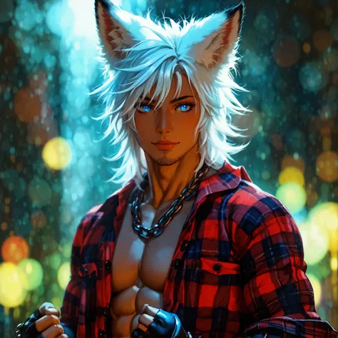 athletic muscular male with long white messy hair, has a light beard, fluffy wolf ears and fluffy wolf tail, wearing a shredded red plaid flannel vest, wearing torn up jeans, himbo, showing abs, showing chest, light body hair, happy demeanor, has a light b...