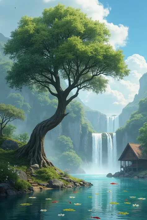 The focal point is a tree, at a distance, there are waterfalls, there are lilies and fish, there is a hut.