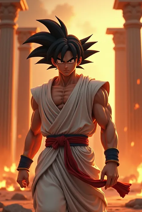 A hyper-detailed and realistic image of Goku wearing ancient Greek-inspired clothing. His hair flows dramatically in the wind, and his white garments stand out against a fiery backdrop of burning Greek architecture. The scene evokes an epic fantasy atmosph...