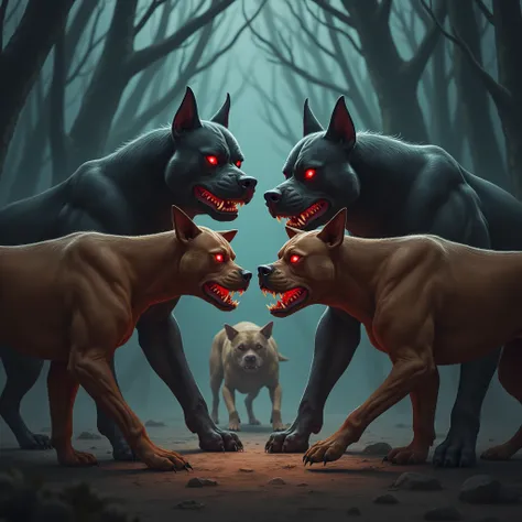 Three muscular Pitbull dog with furious red eyes and three prey dogs muscular canary with red eyes and dark trees in the background