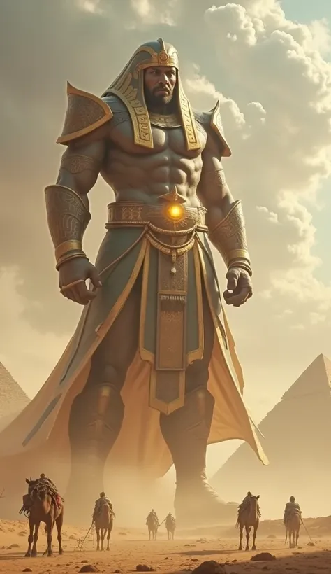 A colossal figure standing in a desert near ancient pyramids, wearing intricate ancient armor with tribal markings that emit a faint mystical glow. The armor is detailed with engraved patterns, resembling ancient hieroglyphs, and has a weathered metallic f...