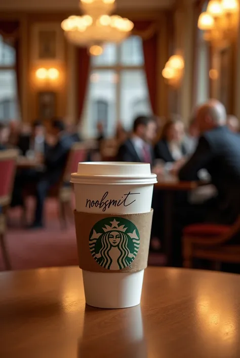 a starbucks coffee on a table in which Noobsmit is signatured in a rich restaurant full of people 