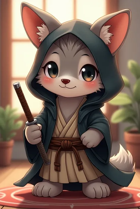 Picture of an anime-style wolf plush toy wearing a Jedi Knight costume ， holding a katana, tender 