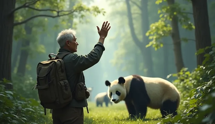 A middle-aged man carrying a backpack 、森の中で二匹の大きなBack view of a pandaを見送るように手を振る。Back view of a panda、 Realistic Pictures