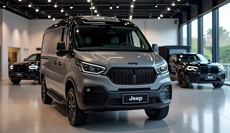 Generate an image featuring one ( 2025 JEEP CamperVan  ) Jeep displayed in a high-end, modern showroom. The first Jeep should be positioned in the foreground, showcasing its front side with the aggressive headlights and low-slung profile. highlighting its ...